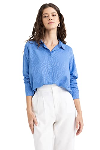 DeFacto Koszula damska z tkaniny bawełnianej z długimi rękawami, niebieski, XL