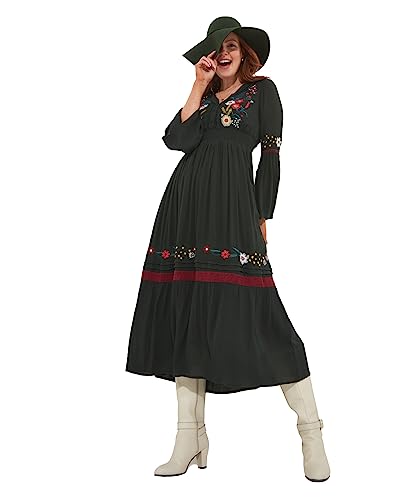 Joe Browns Damska Boutique Folk Floral Haftowana Zwiewna Prześwitująca Sukienka Midaxi, Zielona, 8, ZIELONY, 34