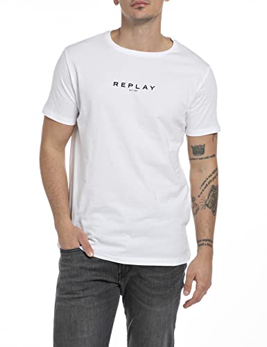 Replay T-shirt męski z krótkim rękawem z nadrukiem logo, 1 biały, S