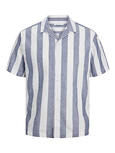 Bestseller AS Męska koszula JPRSUMMER lniana w paski S/S LN koszula, granatowa marynarka/paski: luźny krój, M, Granatowy blezer/paski: luźny krój, M