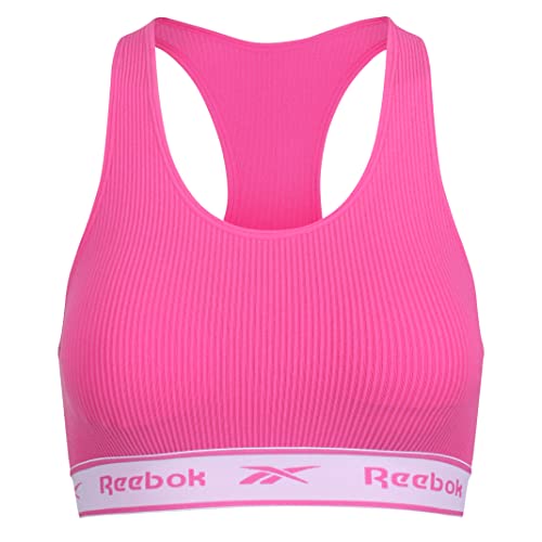 Reebok Damski bezszwowy prążkowany top ze zdejmowanymi podkładkami, bez fiszbin z markowym elastycznym ściągaczem i wycięciem na plecach w kolorze różowym, różowy, L