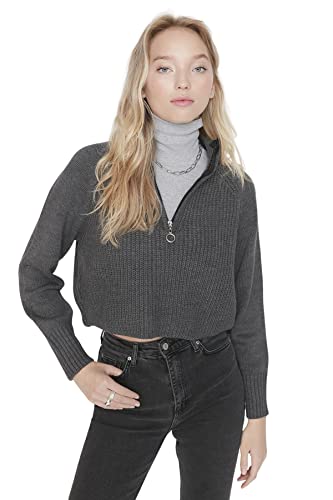 Trendyol Damska bluza z wysokim dekoltem, zwykła, antracytowa, L, Antracyt
