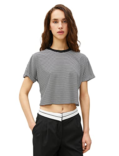 Koton Damska koszulka Viscose Mix Crew Neck Short Sleeve Crop, Black Stripe (9s9), S
