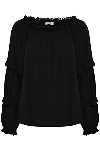 Cream Damska bluzka Top Lace Detale Loose A-Shape Długie rękawy, Pitch Czarna, 36