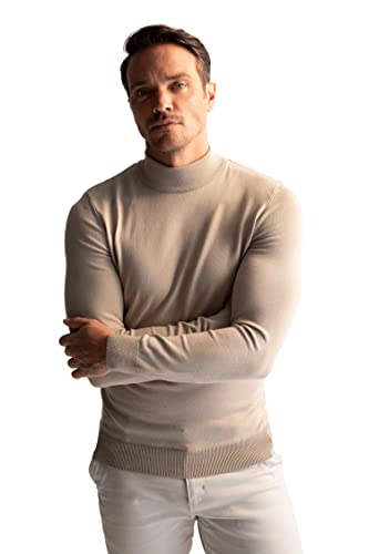 DeFacto Męski sweter z dzianiny z długim rękawem, okrągły dekolt, slim fit dla mężczyzn, topy (piaskowy, S), Sand, S