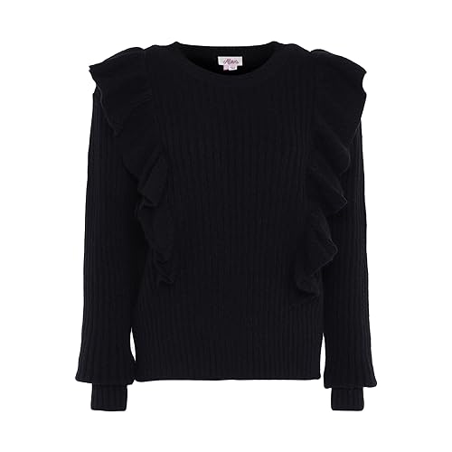 Aleva Damski sweter z dzianiny z okrągłym dekoltem i drewnianymi uszami z przodu i z tyłu, czarny, rozmiar XL/XXL, czarny, XL