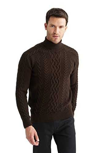 DeFacto Męski sweter z dzianiny z długim rękawem, okrągły dekolt, slim fit dla mężczyzn, topy (brązowy, 3XL), brązowy, 3XL
