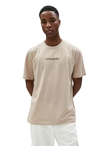 Koton Koszulka męska oversized slogan Printed Crew Neck Short Sleeve, beżowy (052), M