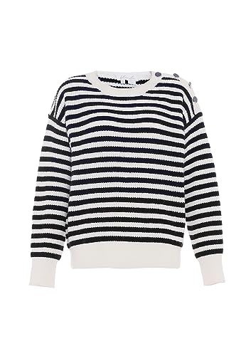 Blonda Damski sweter w paski z okrągłym dekoltem i wstawkami akryl Wełnowo-biały, granatowy, rozmiar XL/XXL, Wełniana biel morska, XL