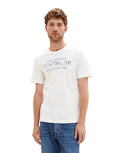 TOM TAILOR Męski T-shirt z nadrukiem logo, 11186 – Blanc De Blanc White, M