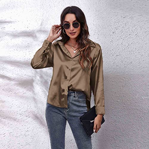 Clotth Damska koszula z długim rękawem z satynowego jedwabiu Button Down Shirt, ciemny khaki-m, M