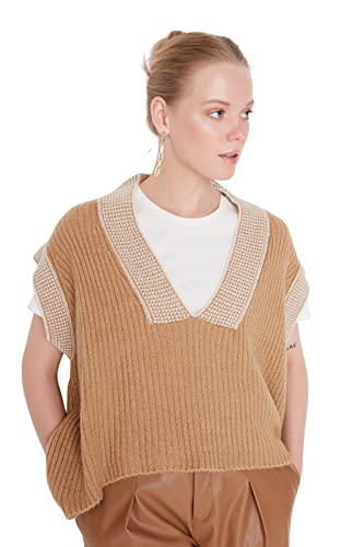Trendyol regularna dzianinowa kamizelka z dekoltem w serek sweter damski, Camel, L