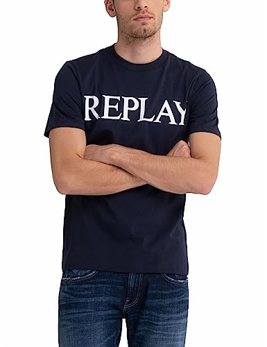 Replay T-shirt męski z krótkim rękawem z nadrukiem logo, 085 niebieski, XL