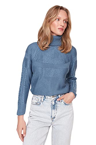 Trendyol Damska bluza z golfem, jednokolorowa, zwykła, indygo, M, Indygo