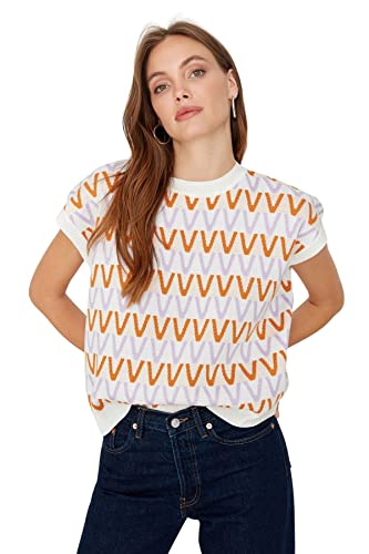 TRENDYOL Damska kamizelka z okrągłym dekoltem, wzór etno, luźna, z dzianiny, ecru, S, écru, S