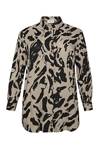 Damska koszula Kaffe Curve Plus Size Button Up Printed Luźny krój długie rękawy, Czarny/Feather Gray Lew
