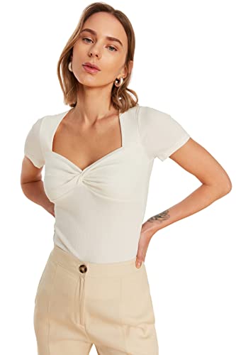 Trendyol Damska dopasowana bluzka z dzianiny Basic Sweetheart, Ecru, XS