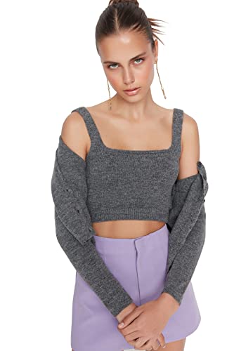 Trendyol Damska odzież domowa dopasowany standardowy kwadratowy kołnierz dzianinowy kardigan, Antracyt, L