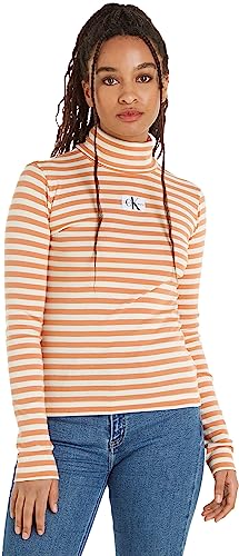 Calvin Klein Jeans Damskie topy z dzianiny w paski, Kość słoniowa/Tropikalna pomarańcza, XXL