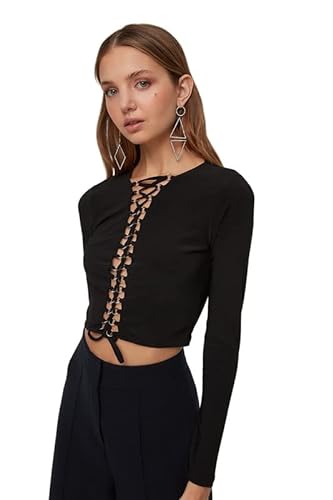 TRENDYOL Damska koszula damska Slim Bodycon Crew Neck Woven Blouse, czarny, 36