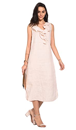 Sukienka damska 100% lniana Made in Italy, Krótka sukienka z dekoltem i kieszeniami, granatowa, rozmiar: XL, granatowy, XL