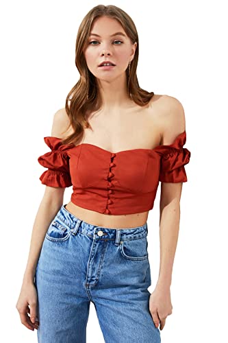 Trendyol Women's Tile-Taste szczegółowa bluzka z motywem zbiorów, bluza, Brick, 38