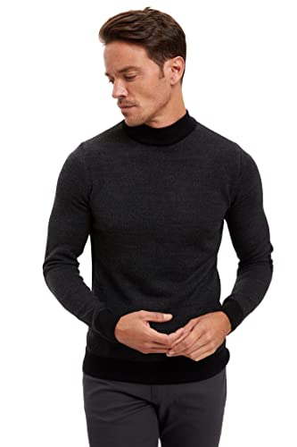 DeFacto Męski sweter z dzianiny z długim rękawem okrągły dekolt - slim fit sweter dla mężczyzn topy (czarny, S), czarny, S