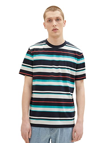 TOM TAILOR Denim T-shirt męski z nadrukiem w paski, 31937 – granatowy, mieszany, gruby, cienki pasek, XXL