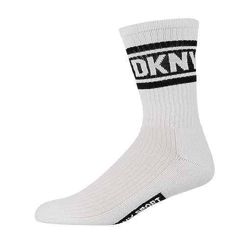 DKNY Męskie skarpety sportowe w kolorze białym | Odprowadzające oddychające sportowe skarpety do połowy łydki designerskie prążkowane | Rozmiar 7-11 opakowanie zbiorcze 3 szt, biały, 41-45 EU