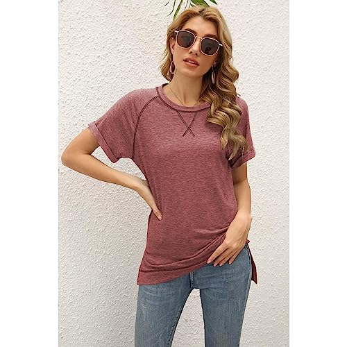 Clotth Damska koszulka Colorblock Crossover Loose Top z krótkim rękawem Casual T-Shirt, Brick Red-l, L