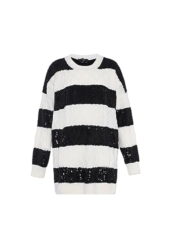faina Damski sweter w paski, nieregularny sweter z cekinami, z okrągłym dekoltem, wełniany biały, rozmiar M/L, biały (wollweiss), XL
