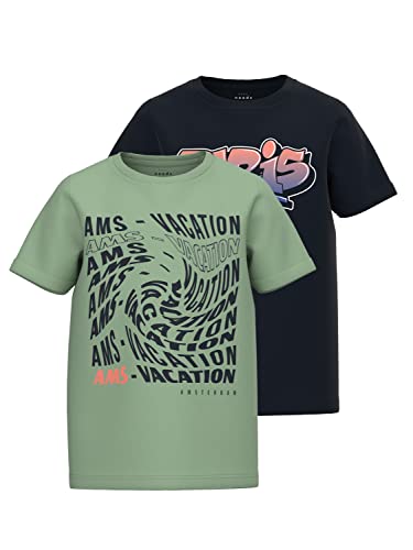 NAME IT Boy's NKMVUX 2P SS TOP D1 T-Shirt, Basil/Pack:Black, 134/140, Basil/opakowanie: czarny, 134-140