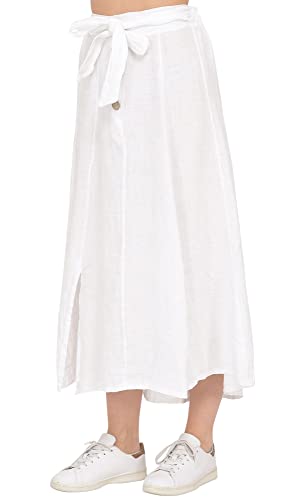 Bonateks Women Skirt 100% Len Made in Italy, długa spódnica z guzikami z paskiem na szalik, biała, rozmiar: S, biały, S