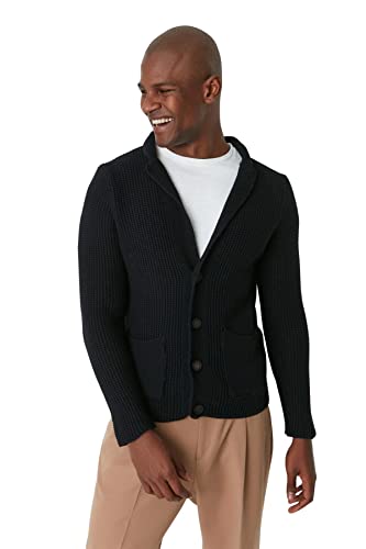 Trendyol Męski długi rękaw klapa kołnierz guzik kardigan wąski czarny, Czarny, XXL