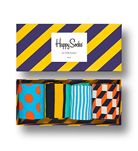 Happy Socks Amazon Stripe Gift Box, kolorowe i zabawne, Skarpety dla kobiet i mężczyzn, Niebieski-Pomarańczowy-Czerwony-Żółty-Biały 4 pary (36-40)