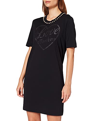Love Moschino Damska koszulka o regularnym kroju z krótkim rękawem, trymed with Pearls Around The Neckline Casual Dress, czarny, 38