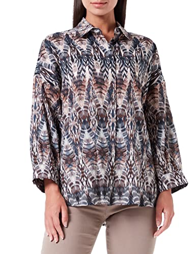Gerry Weber Bluzka damska ze wzorem Ikat Organic Cotton z długim rękawem, przecięte ramiona, bluzka z długim rękawem, bluzka koszulowa ze wzorem, Niebieski we wzory, 44