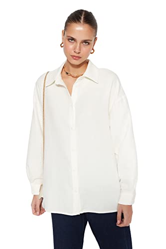 Trendyol Damska koszula oversize z kołnierzykiem, Ecru, 32