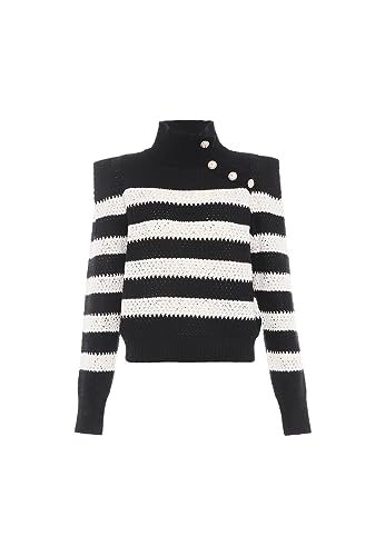 faina Damski sweter z dzianiny w paski z półwysokim kołnierzem i ukośnym guzikiem, czarny, rozmiar XL/XXL, czarny, XL