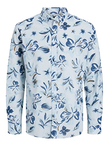 JACK & JONES Męska koszula z nadrukiem JPRBLASUMMER Lniany L/S SS23, biała/AOP: slim fit, S, Biały/Aop: slim fit, S