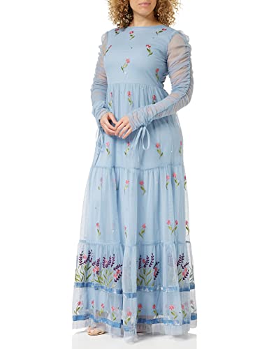 Frock and Frill Damska kwiecista haftowana sukienka na specjalne okazje, niebieska, 12, NIEBIESKI, 38
