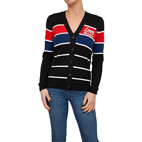 Love Moschino Damski kardigan z logo Embroidery On The Chest, White Sky Grey Black Stripes, 44