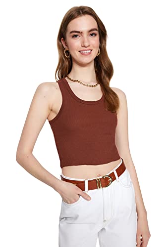 Trendyol Damska koszulka typu slim fit bodycon z okrągłym dekoltem dzianinowa, Brązowy, S