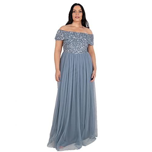 Maya Deluxe Damska sukienka maxi w kolorze mglistej zieleni Bardot zdobiona sukienka dla druhny, niebieski (Dusty Blue), 38