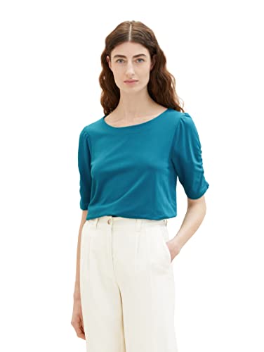 TOM TAILOR Damska koszulka z marszczeniem na rękawach, 31668 – zielony (Petrol Green), XXS