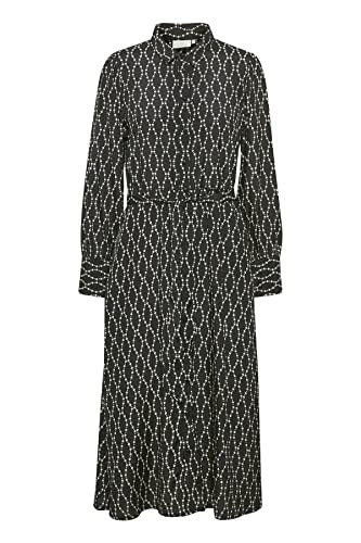 KAFFE damska koszula dress Midi Tie Waist Printed Długi Rękaw Casual, Czarny/Piaskowy Łańcuch, 44