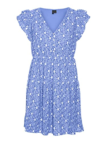 Bestseller A/S Damska sukienka VMSONEY LACE SL dekolt w serek, krótka sukienka WVN, Little Boy Blue/szczegóły: Snow White Lines, XS, Little Boy Blue/Szczegóły: śnieżnobiałe linie, XS