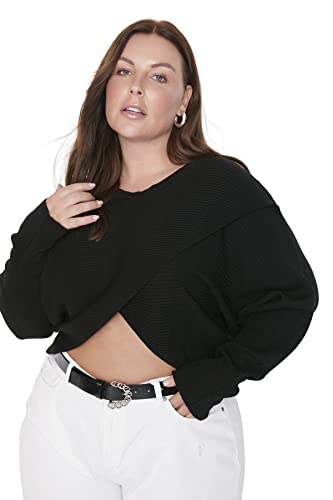 Trendyol Damska bluza z dekoltem w serek, zwykła, plus size, czarna, XXL, Czarny, XXL
