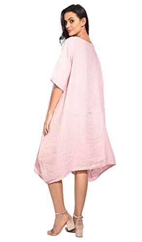 Sukienka damska 100% lniana Made in Italy, długa sukienka z okrągłym dekoltem, z przodu z krótkim rękawem, satyna, rozmiar: XL, Satyna, XL