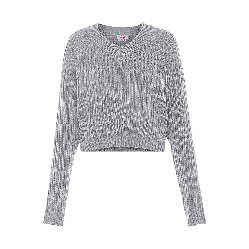 myMo Damski sweter z dzianiny prążkowanej z dekoltem w serek, poliester, jasnoszary, melanż, rozmiar XL/XXL, jasnoszary melanż, XL